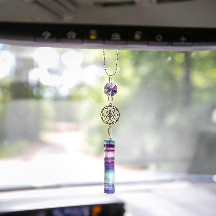The Rainbow Fluorite Seed of Life Rearview Mirror Hanging