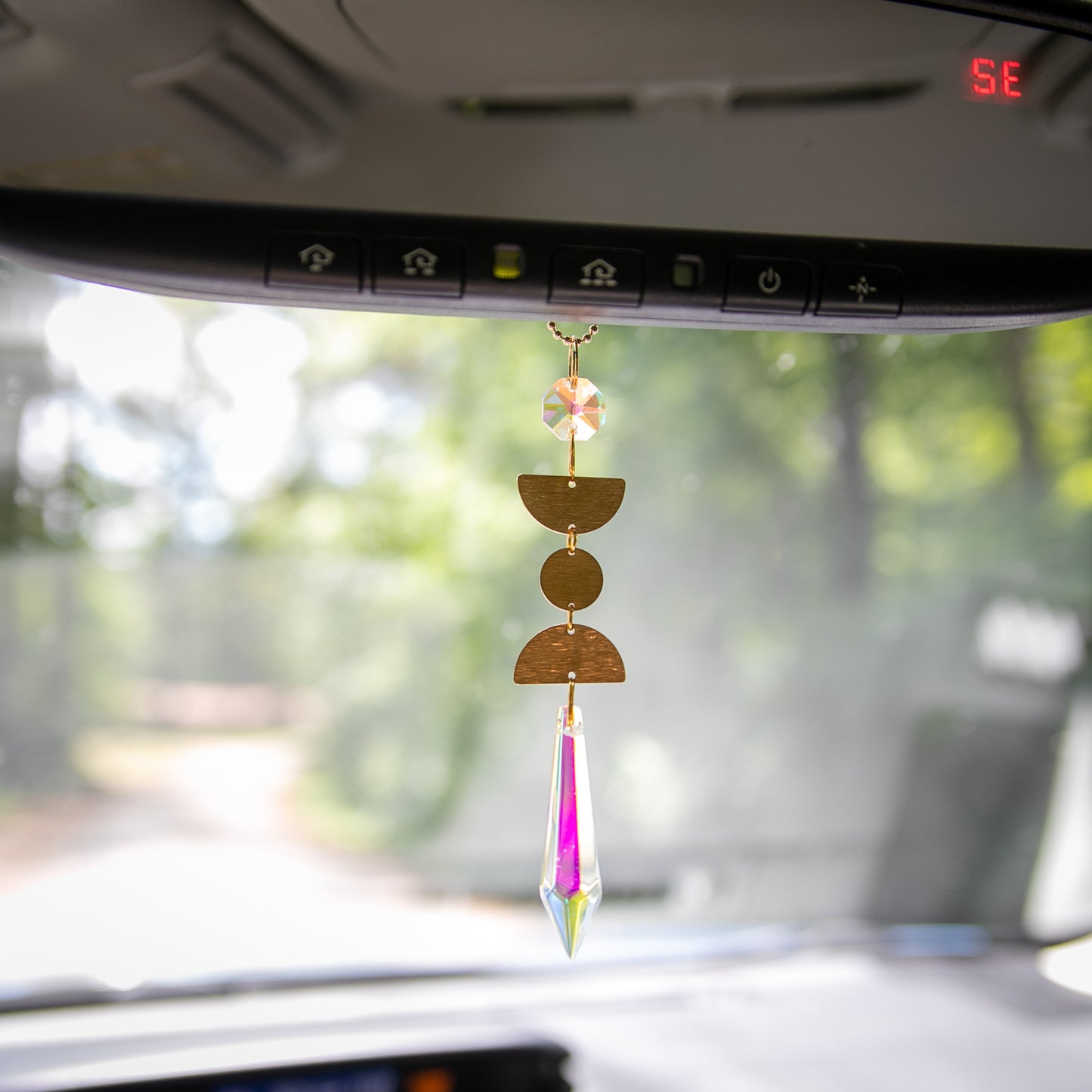 Moon Phases Rearview Mirror Prism Car Necklace – Car Accessory with Aurora Borealis Crystal by Kinley Jewelry