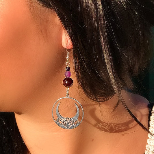 Crescent Moon Lotus Earrings with Garnet & Amethyst