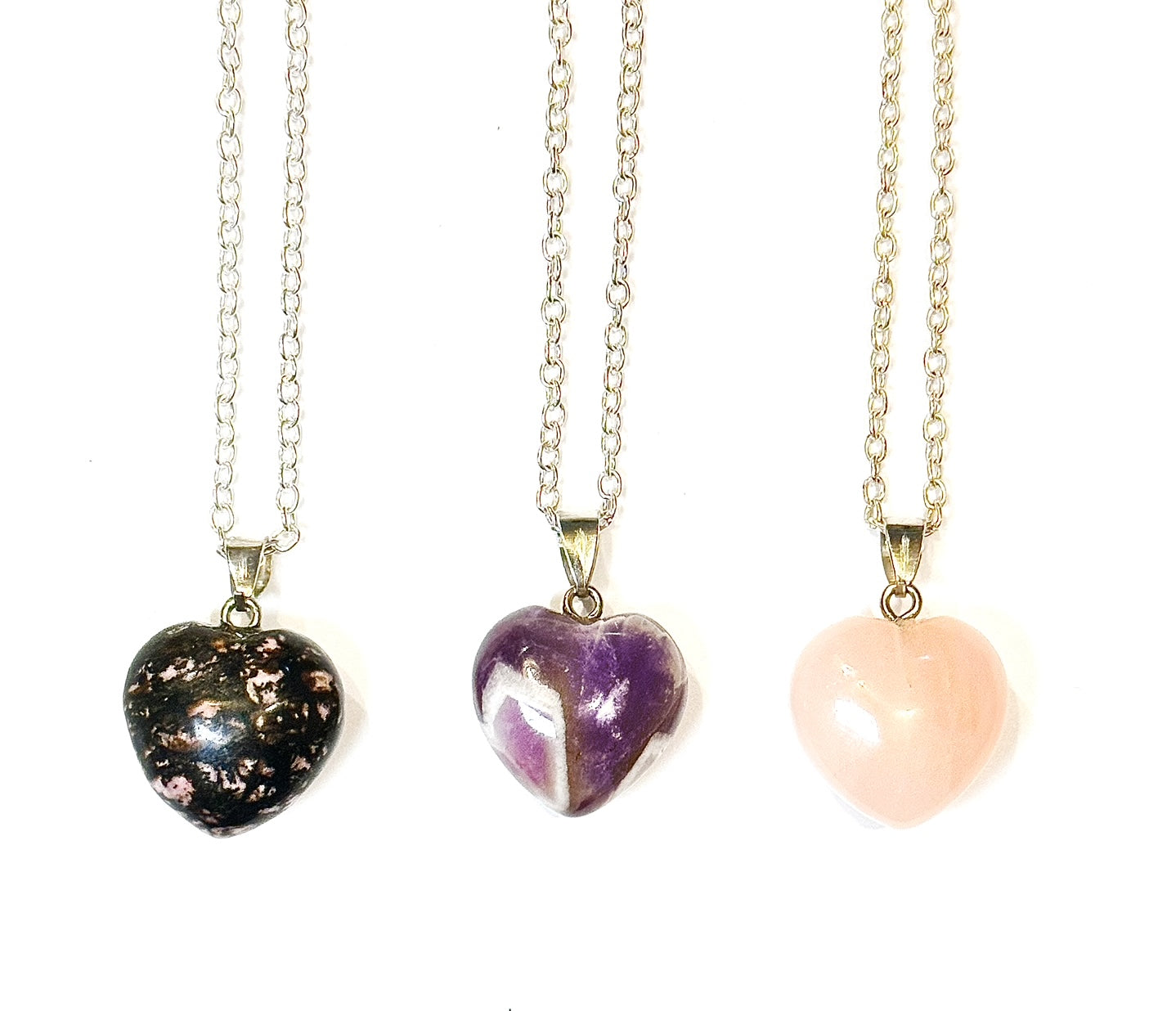 Gemstone Heart Necklaces by Kinley Jewelry in Rose Quartz, Rhodonite and Dream Amethyst.