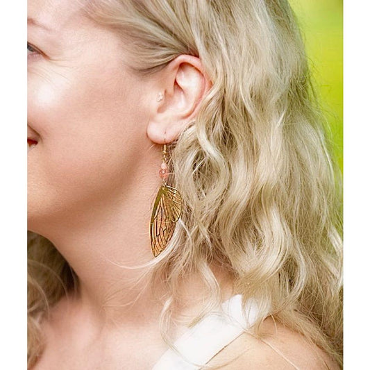 Gold Butterfly Wing Earrings with Strawberry Quartz