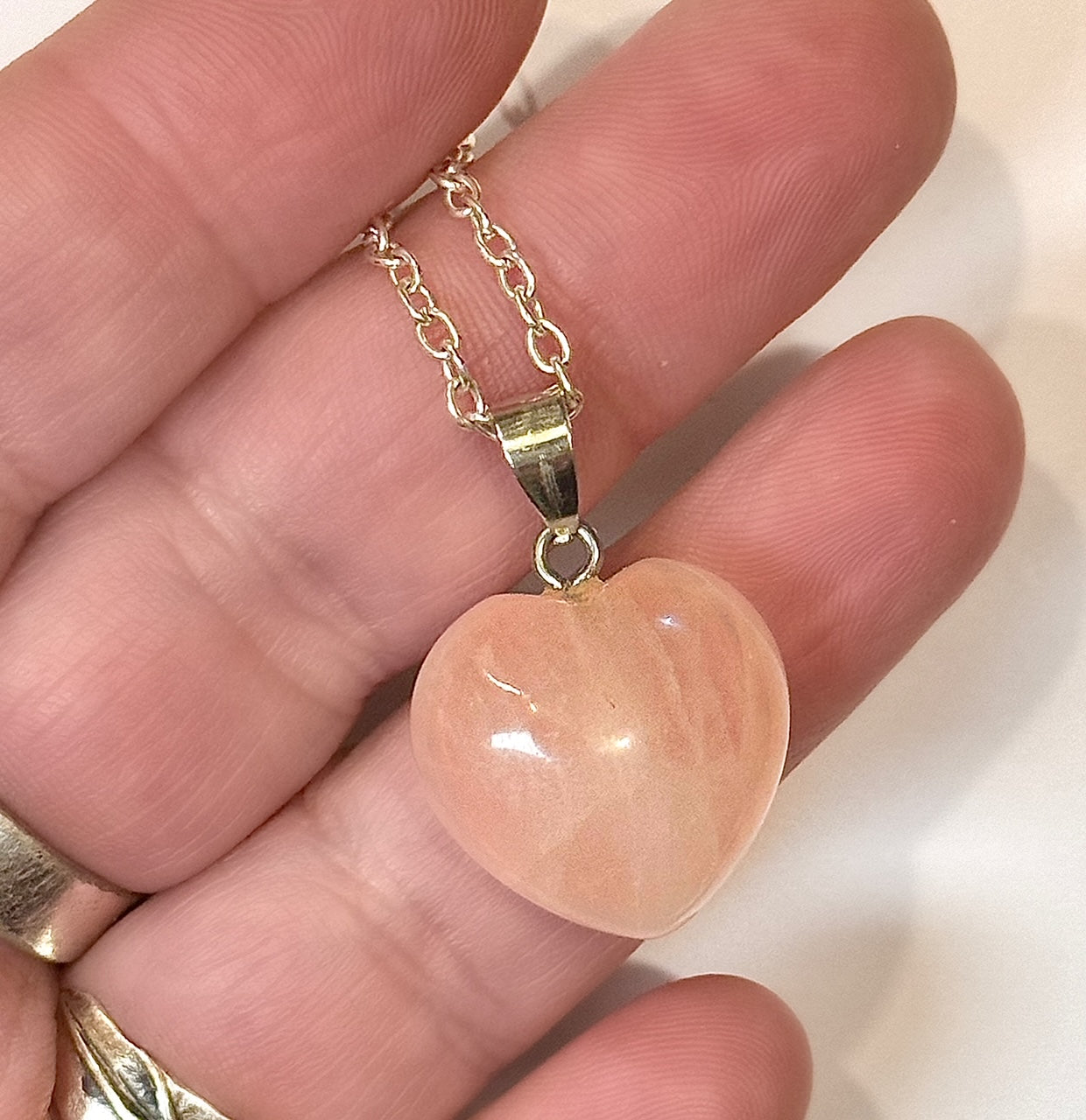 Rose Quartz Gemstone Heart Necklace on silver chain by Kinley Jewelry.