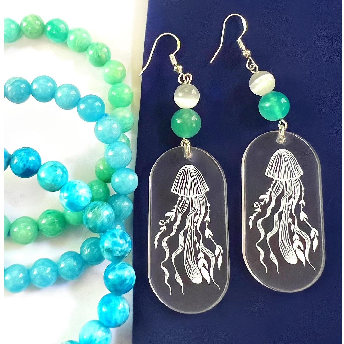 Crystal Clear Etched Jellyfish Acrylic Earrings