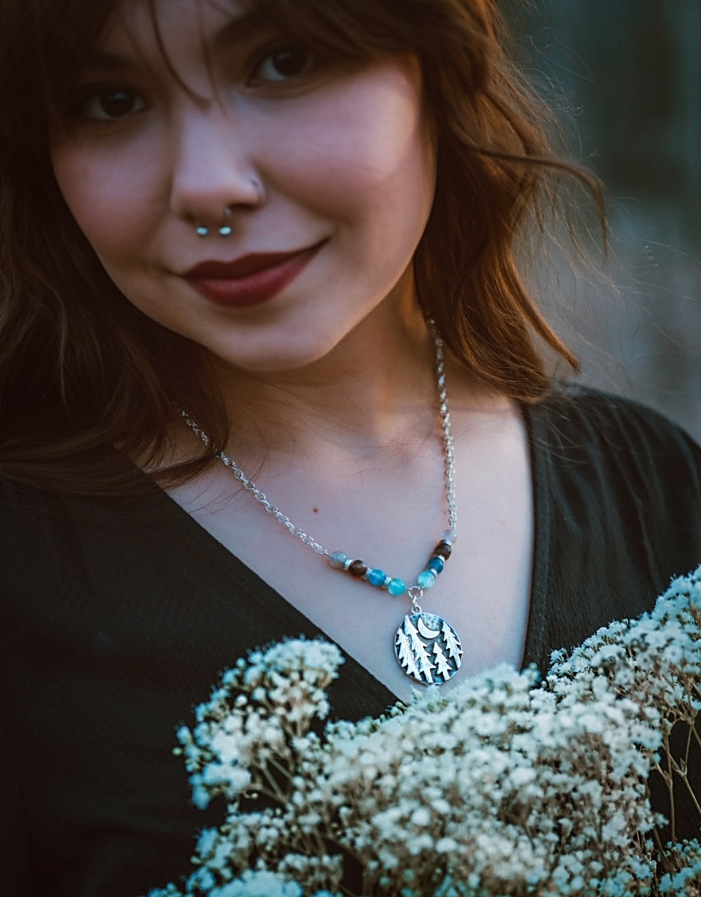 Moonlit Forest Necklace – Handcrafted Jewelry with Icy Blue Gemstones by Kinley Jewelry