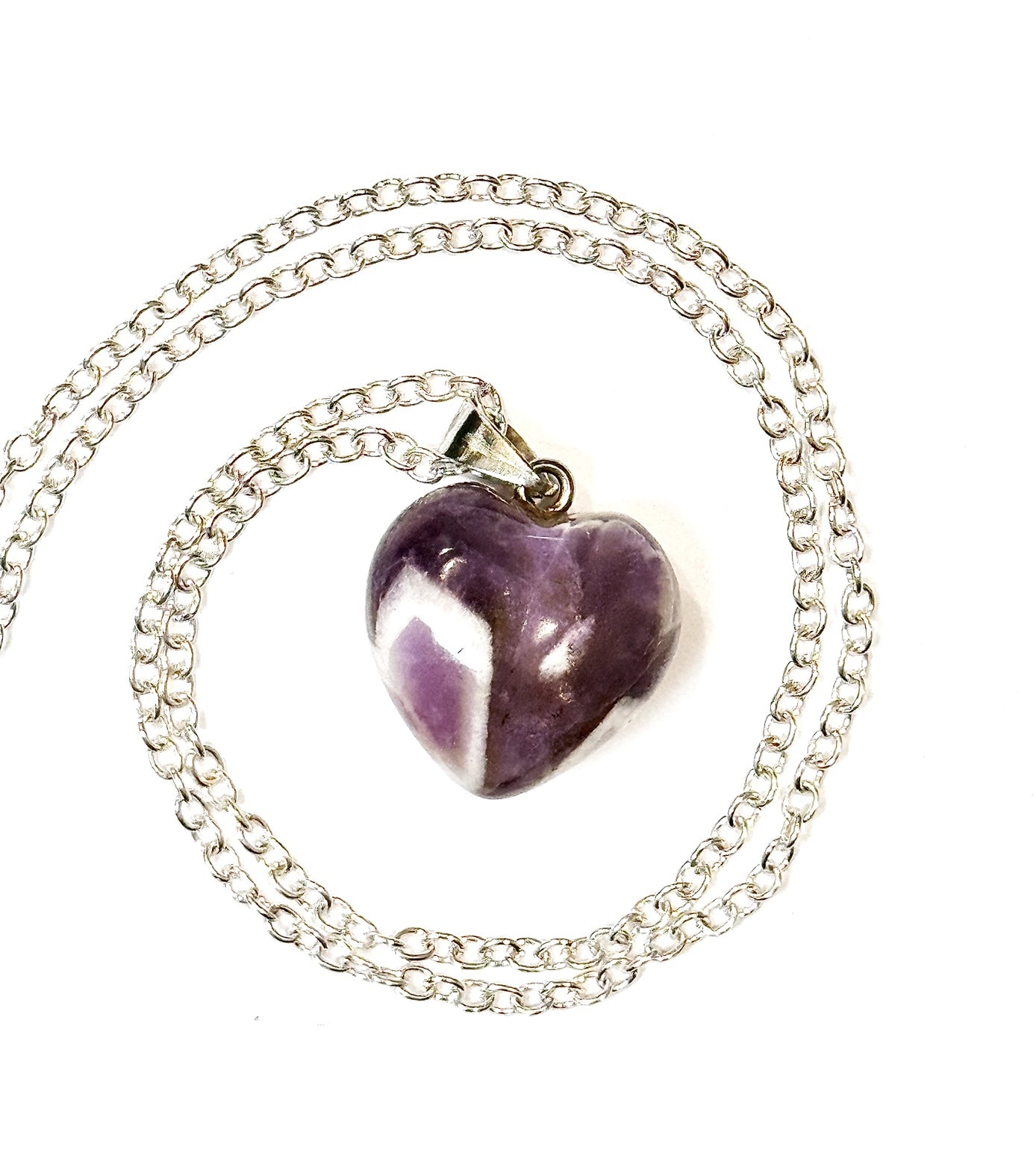 Dream Amethyst Gemstone Heart Necklace on silver chain by Kinley Jewelry.