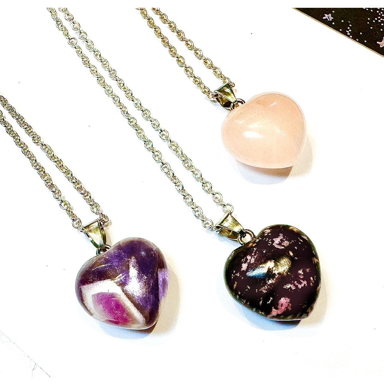 Selection of Gemstone Heart Necklaces by Kinley Jewelry with Rose Quartz, Rhodonite and Dream Amethyst.