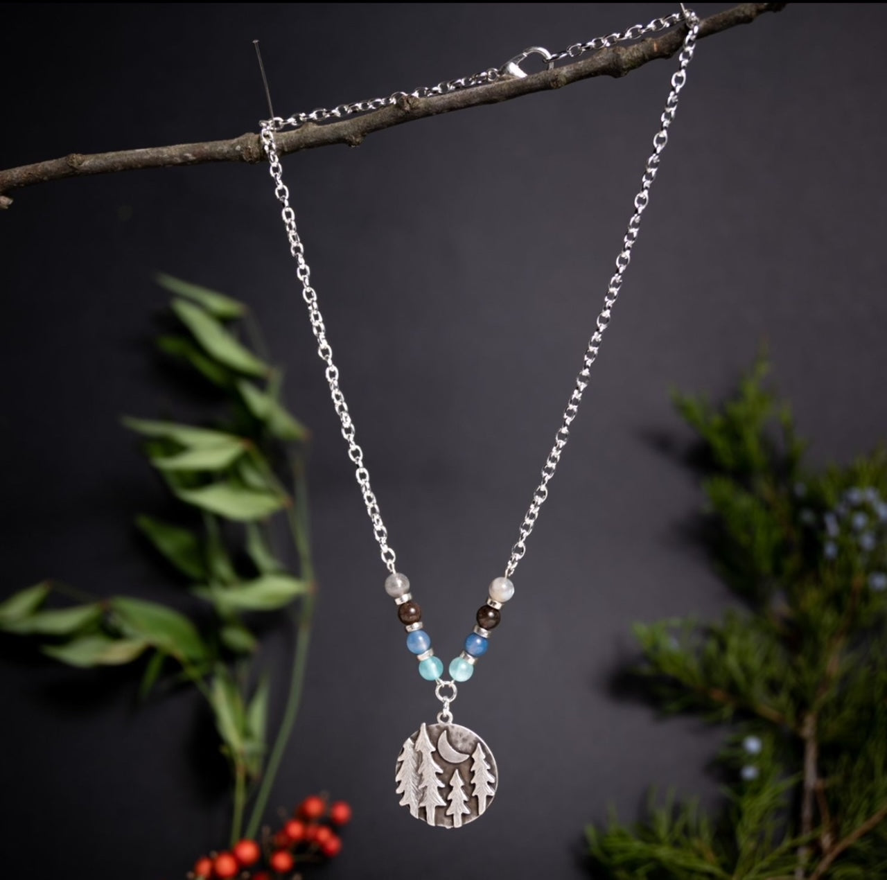 Moonlit Forest Necklace – Handcrafted Jewelry with Icy Blue Gemstones by Kinley Jewelry