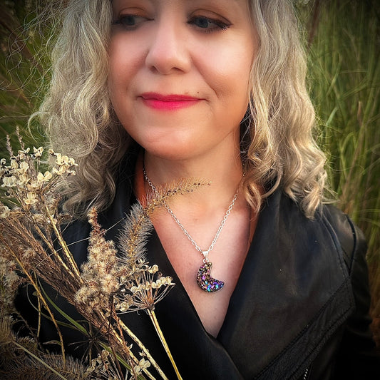 Mystic Rainbow Druzy Crescent Moon Necklace