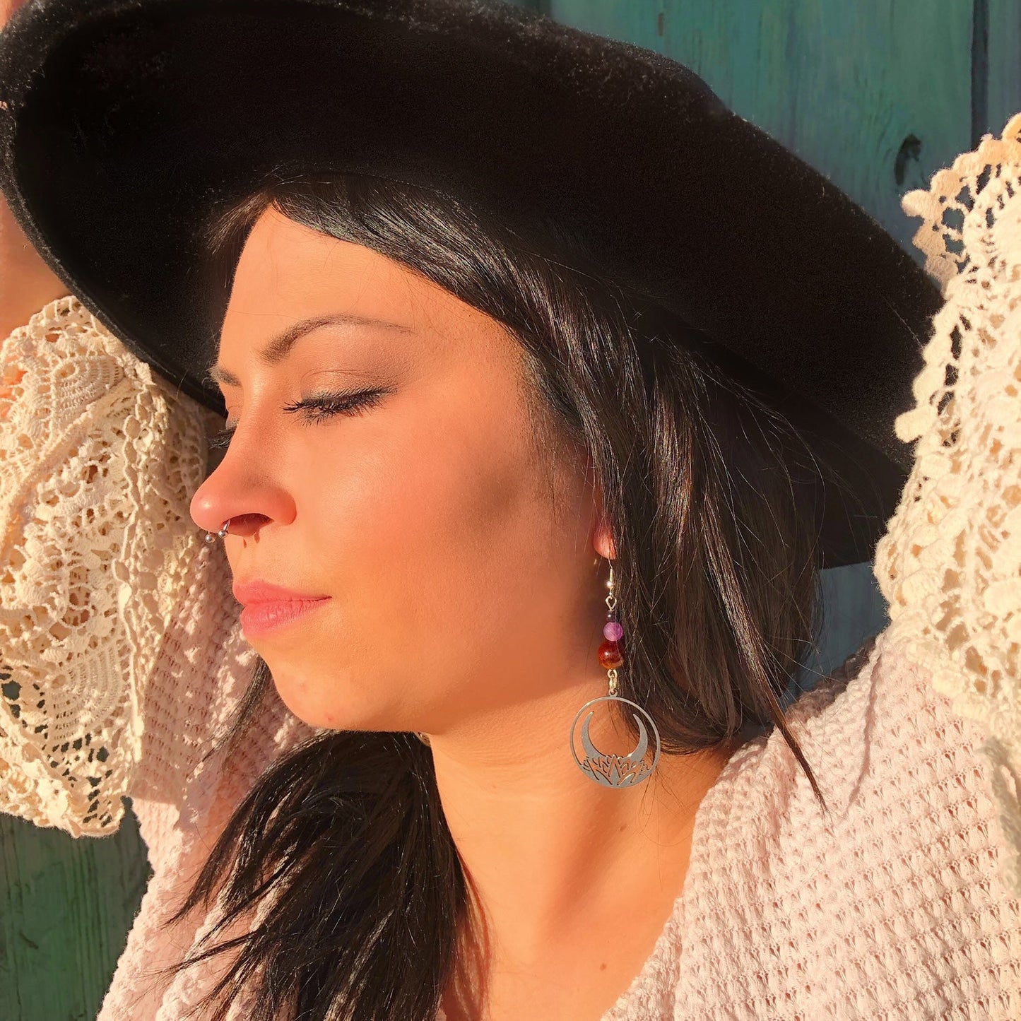 Crescent Moon Lotus Earrings with Garnet & Amethyst