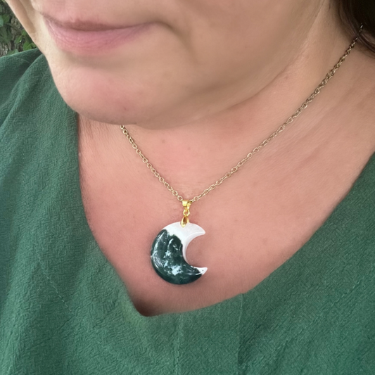 Crescent Moon Gemstone Pendant Necklace - Moss Agate
