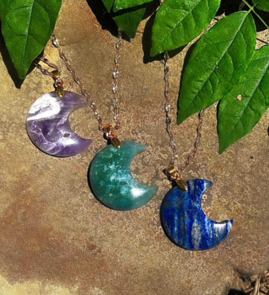 Crescent Moon Gemstone Pendant Necklace - Moss Agate