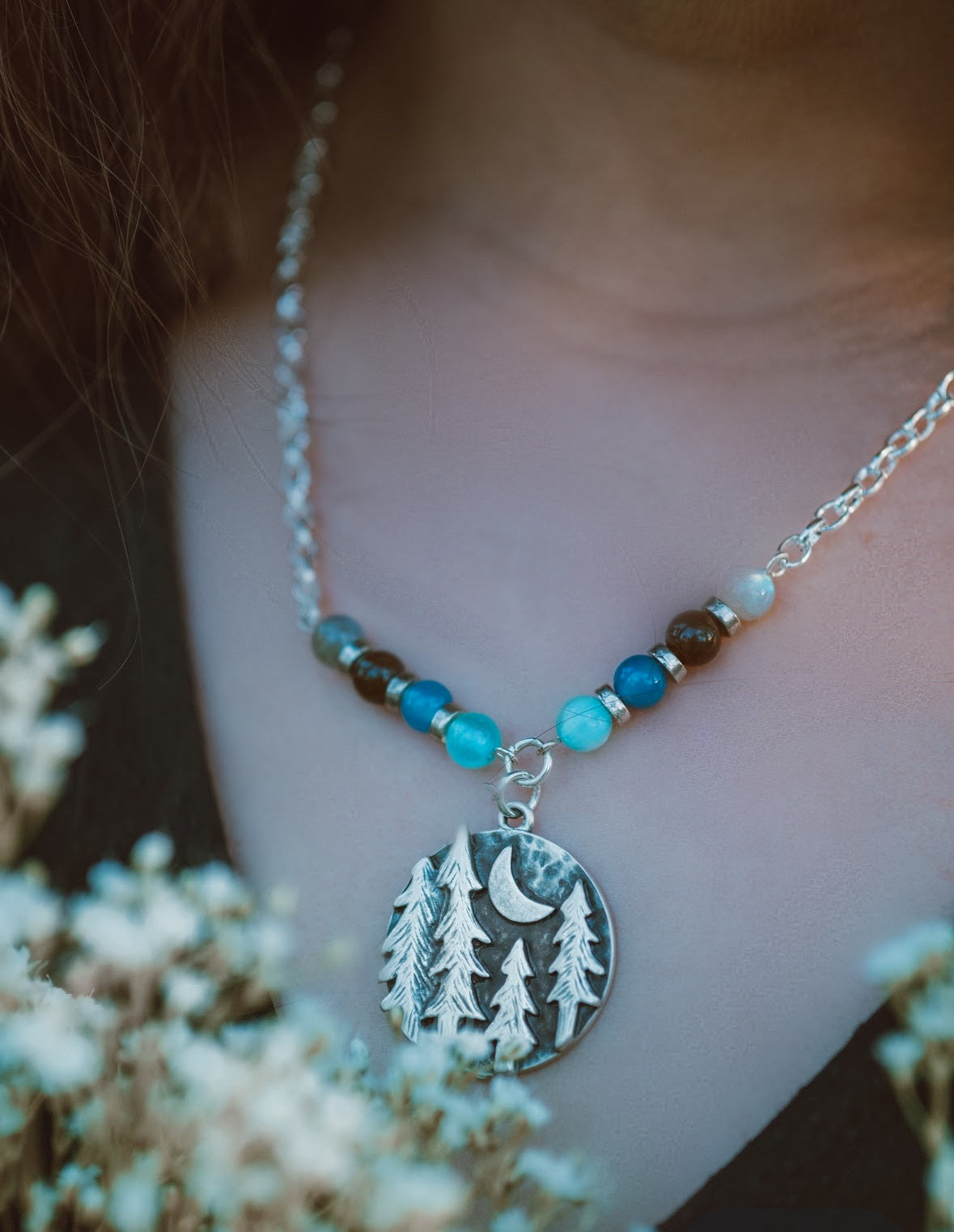 Moonlit Forest Necklace – Handcrafted Jewelry with Icy Blue Gemstones by Kinley Jewelry