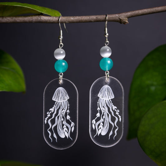 Crystal Clear Etched Jellyfish Acrylic Earrings