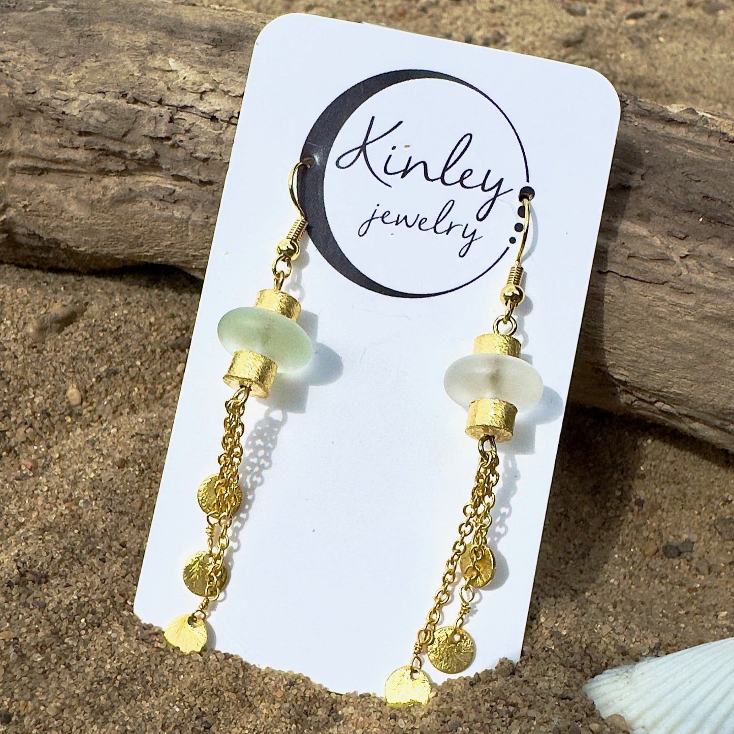 White Sea Glass Tassel Earrings