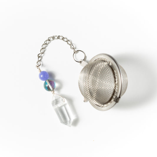 Crystal Energy Charmed Tea Infuser – Clear Quartz Point with Rainbow Spectrolite Bead by Kinley Jewelry