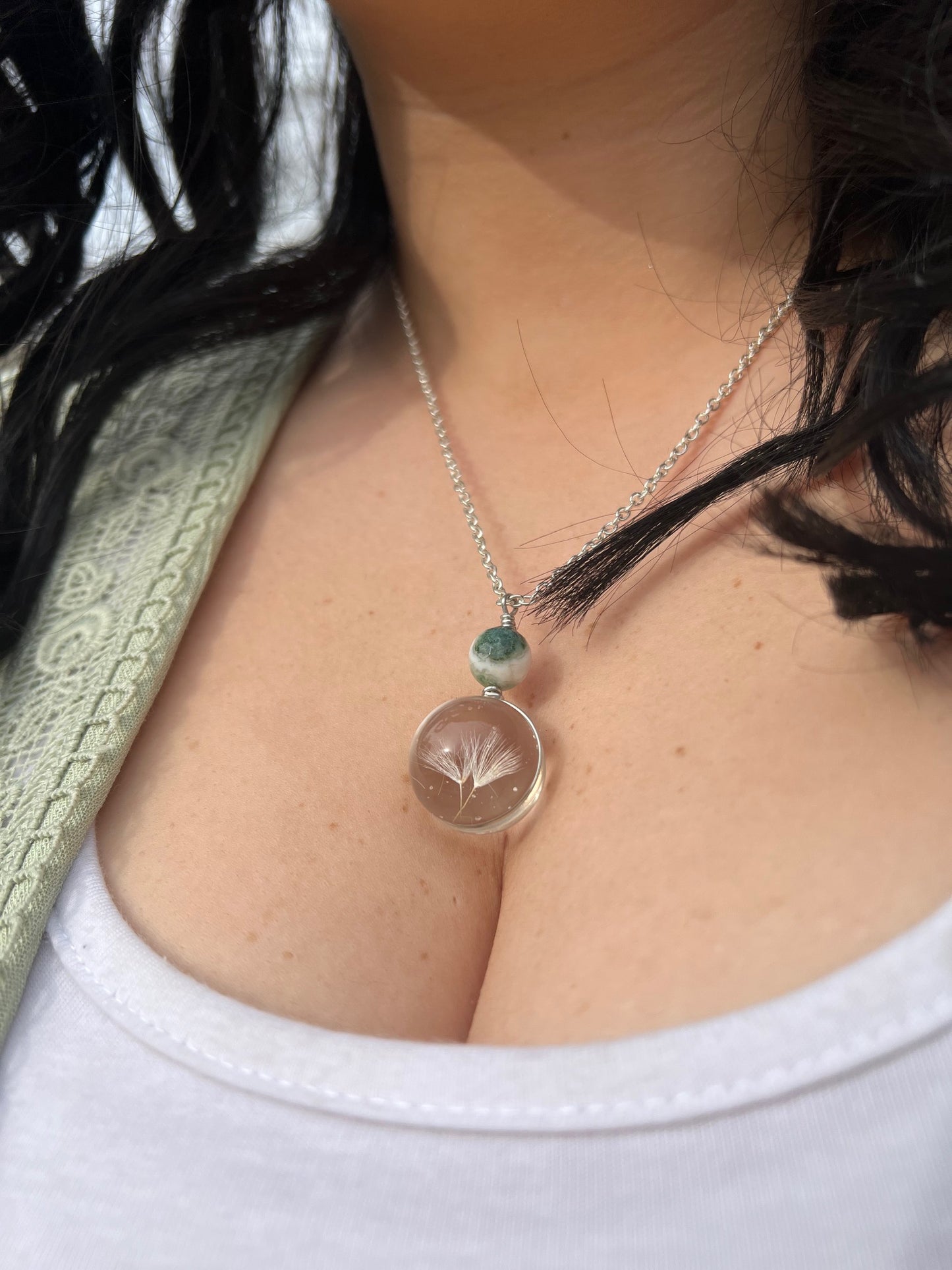 Dandelion Seed Necklace with Moss Agate