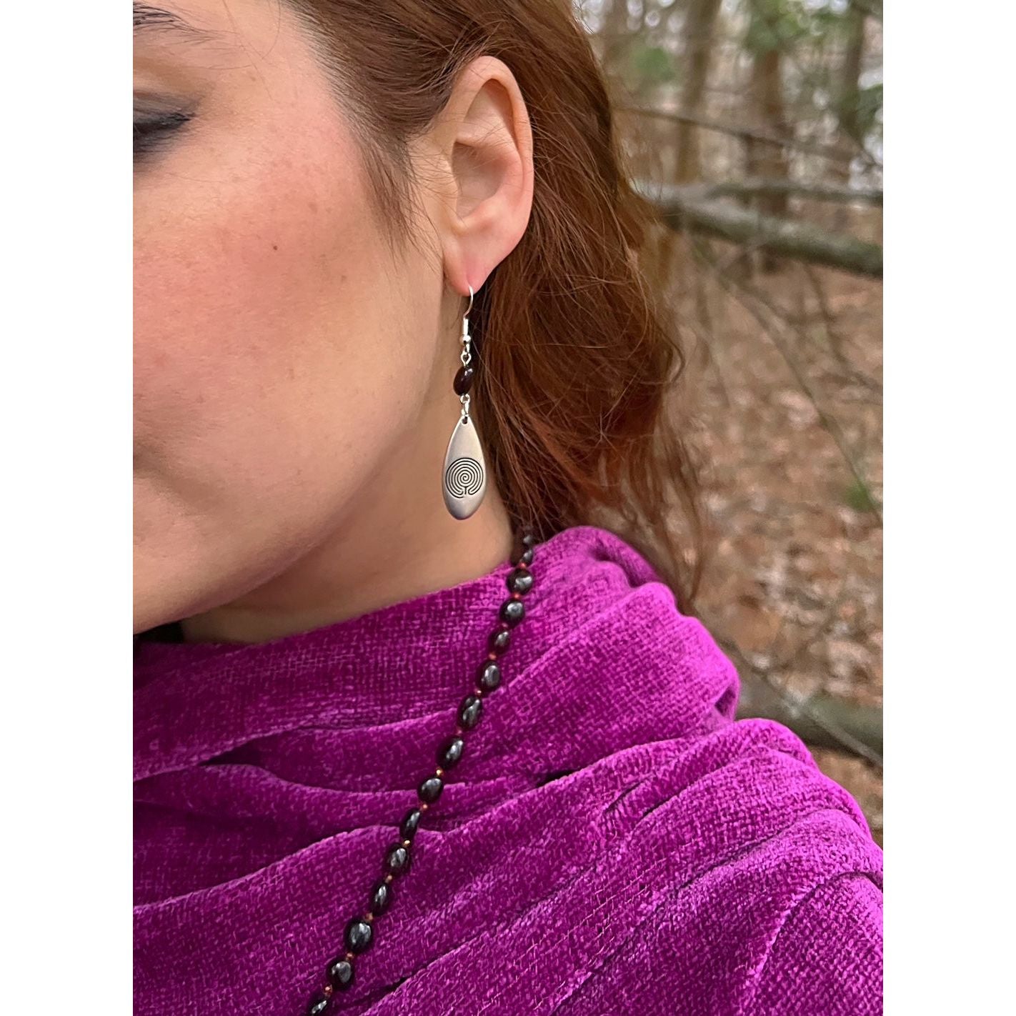 Silver Labyrinth Earrings with Garnet Stones