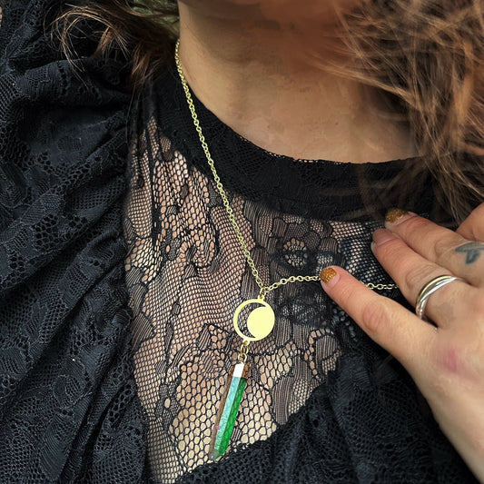 Aura Quartz Point Crescent Moon Cutout Necklace