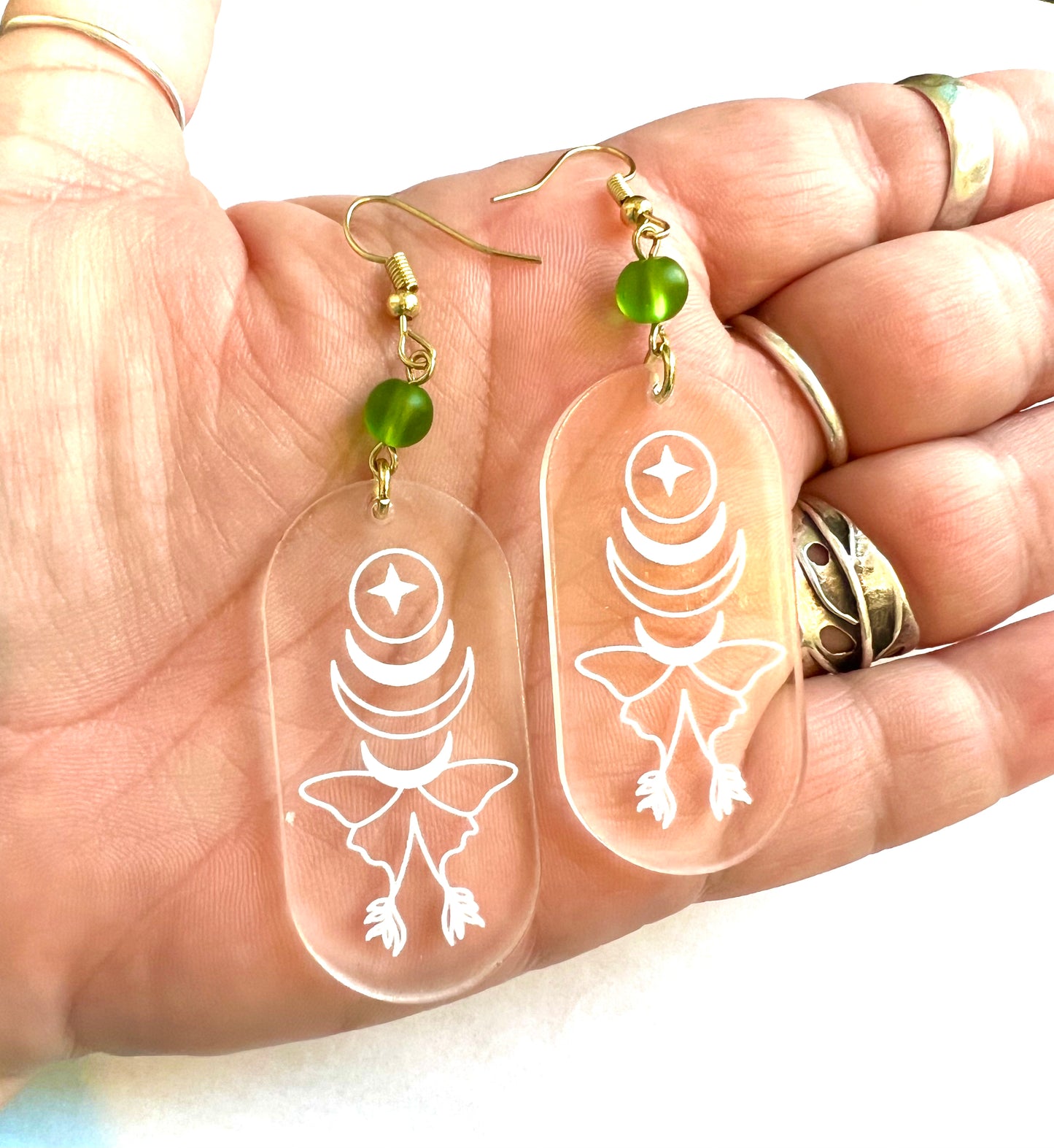 Chrystal Clear Luna Moth Etched Earrings