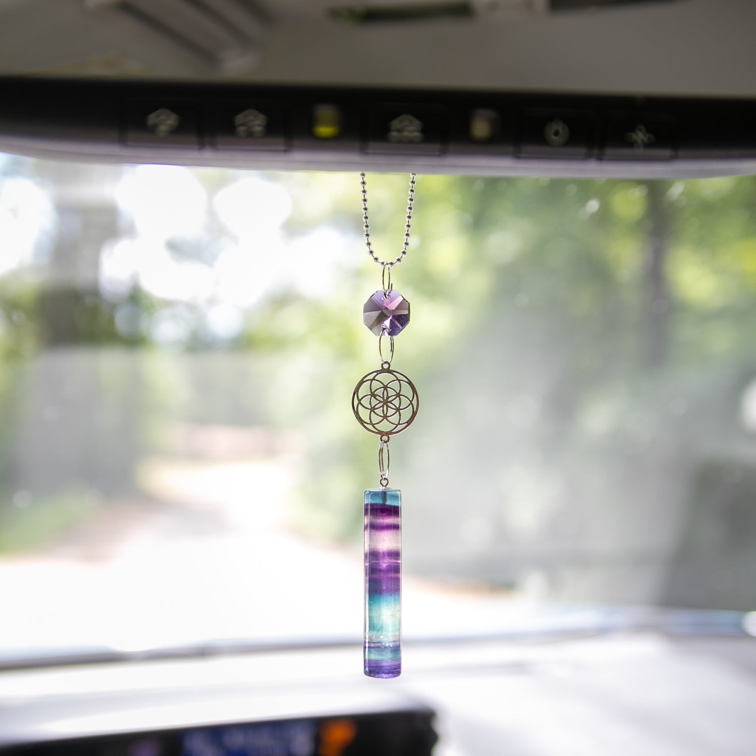 The Rainbow Fluorite Seed of Life Rearview Mirror Hanging