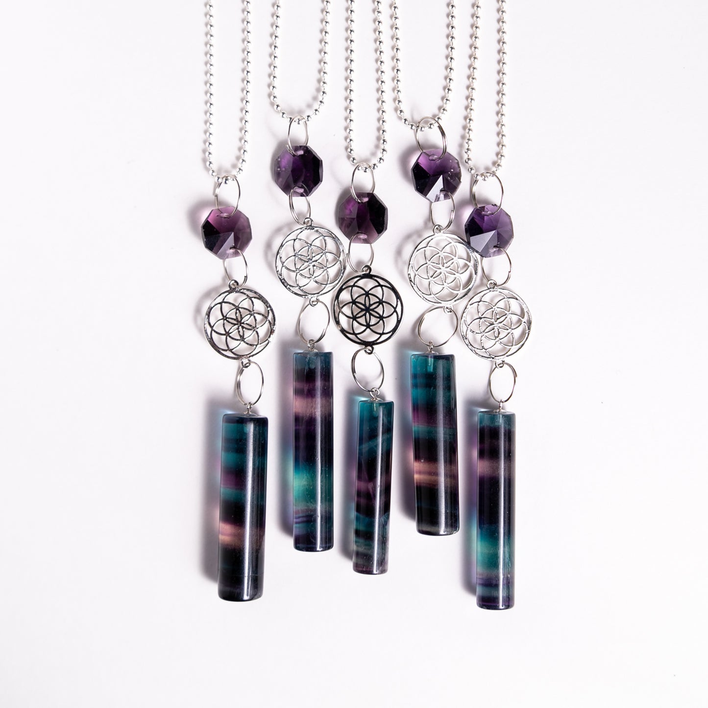 Rainbow Fluorite Seed of Life Rearview Mirror Car Necklace