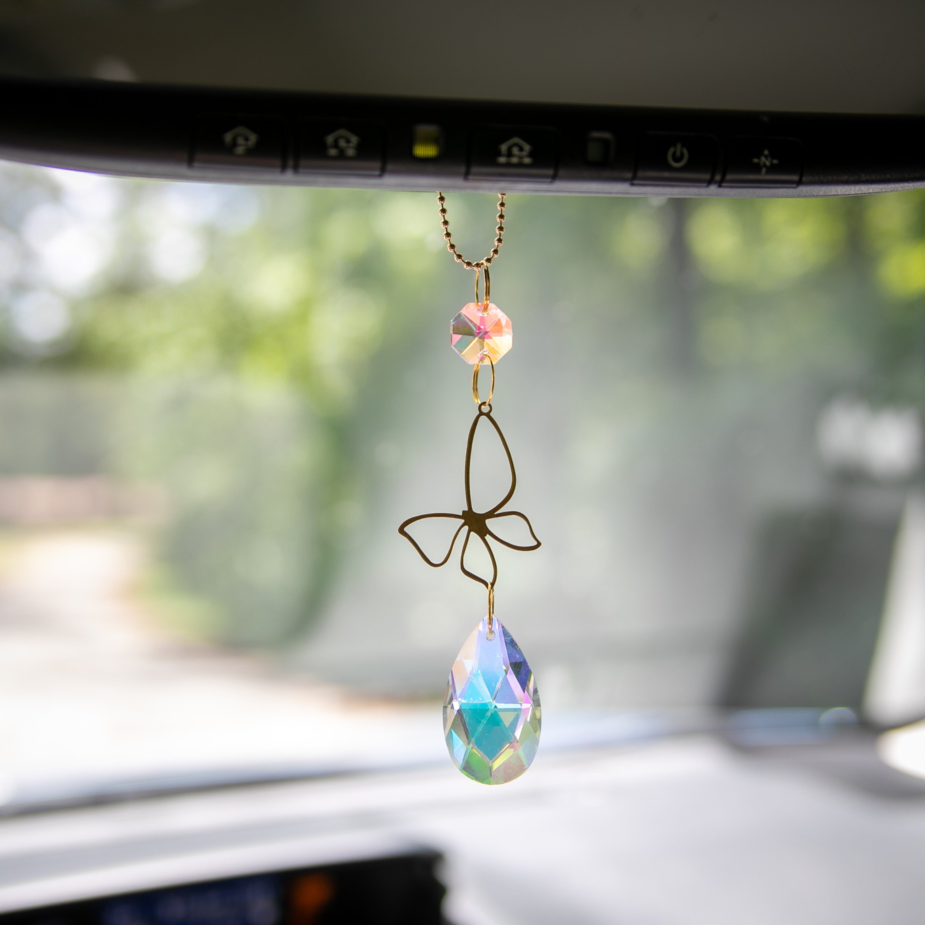 Butterfly Prism Rearview Mirror Car Necklace – Car Decor with Aurora Borealis Crystals by Kinley Jewelry