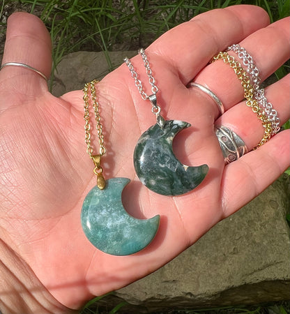 Crescent Moon Gemstone Pendant Necklace - Moss Agate