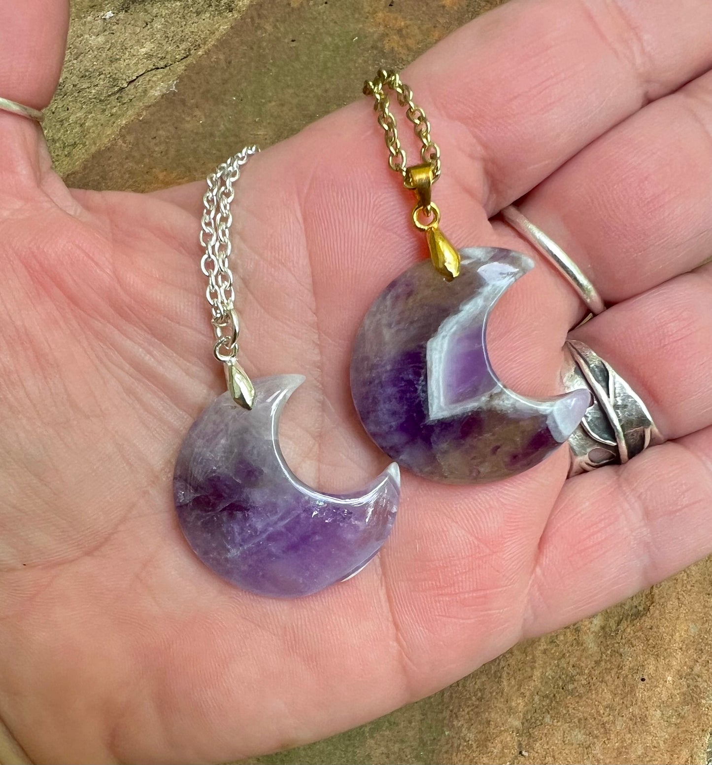 Cresent Moon Gemstone Pendant Necklace -  Dream Amethyst