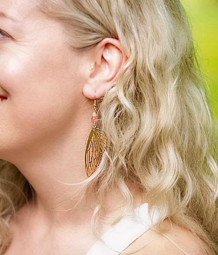 Gold Butterfly Wing Earrings with Strawberry Quartz