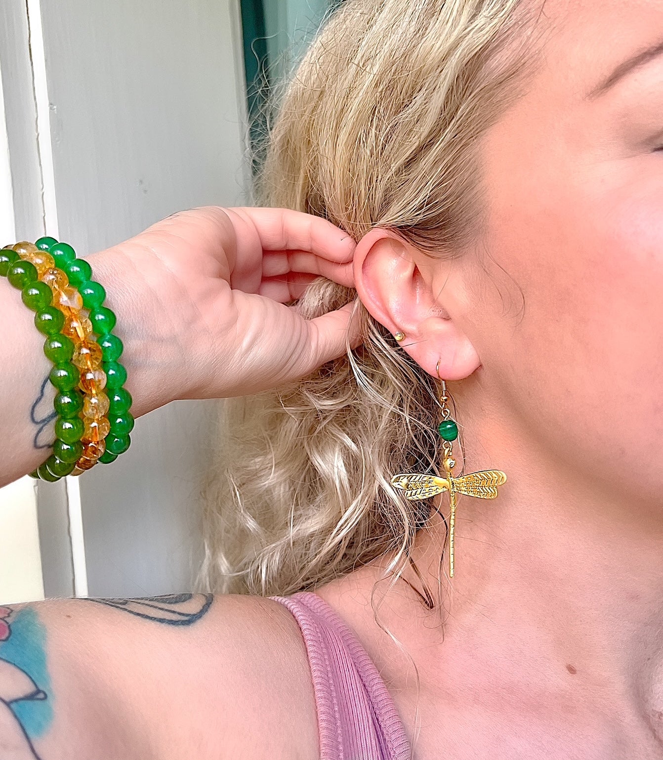 Art Nouveau Inspired Dragonfly Earrings with Malachite