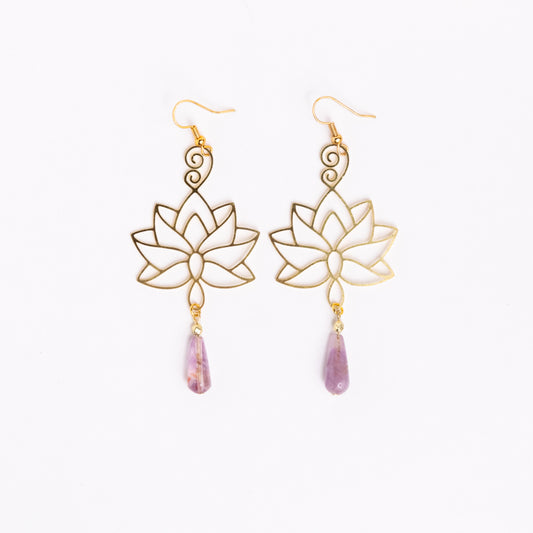 Gold Lotus Earrings with Amethyst Drops – Elegant February Birthstone Jewelry by Kinley Jewelry