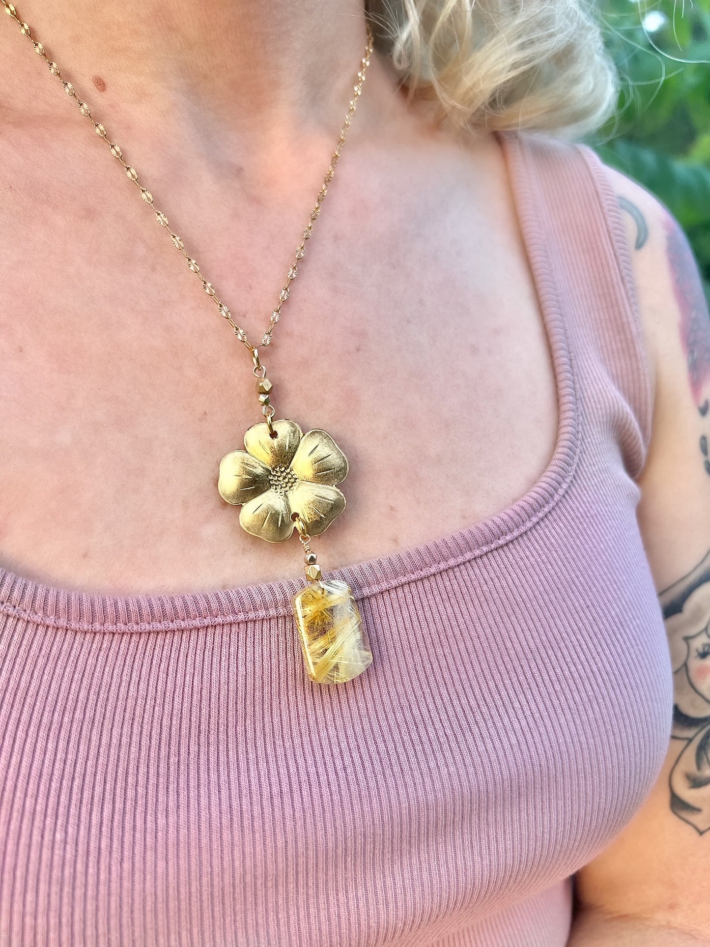 Golden Blossom with Rutilated Quartz Necklace