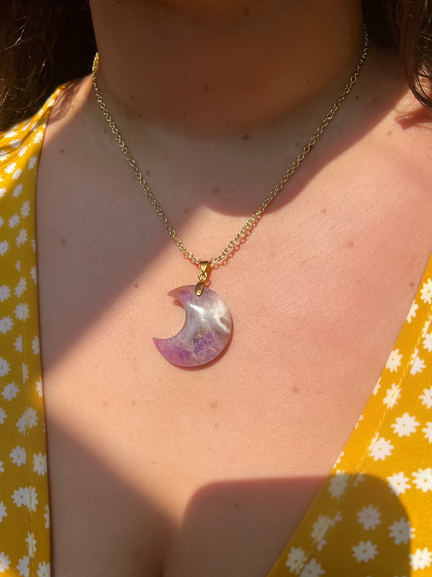 Cresent Moon Gemstone Pendant Necklace -  Dream Amethyst