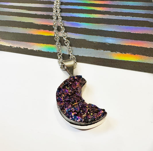 Mystic Rainbow Druzy Crescent Moon Necklace