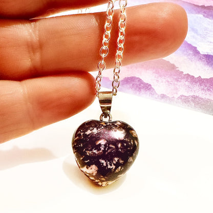 Heart Necklace Rhodonite Gemstone on silver chain by Kinley Jewelry.