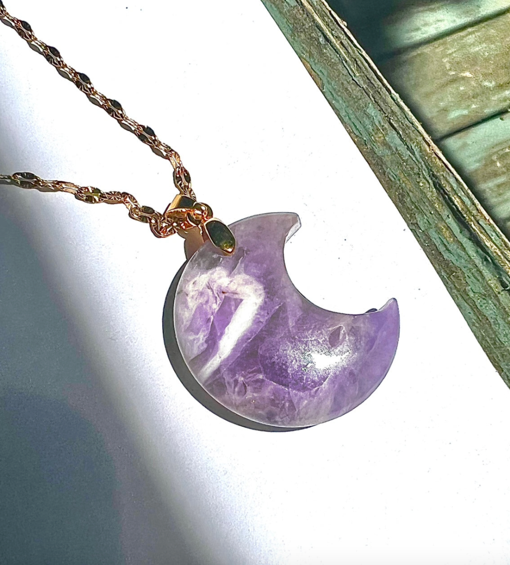 Cresent Moon Gemstone Pendant Necklace -  Dream Amethyst