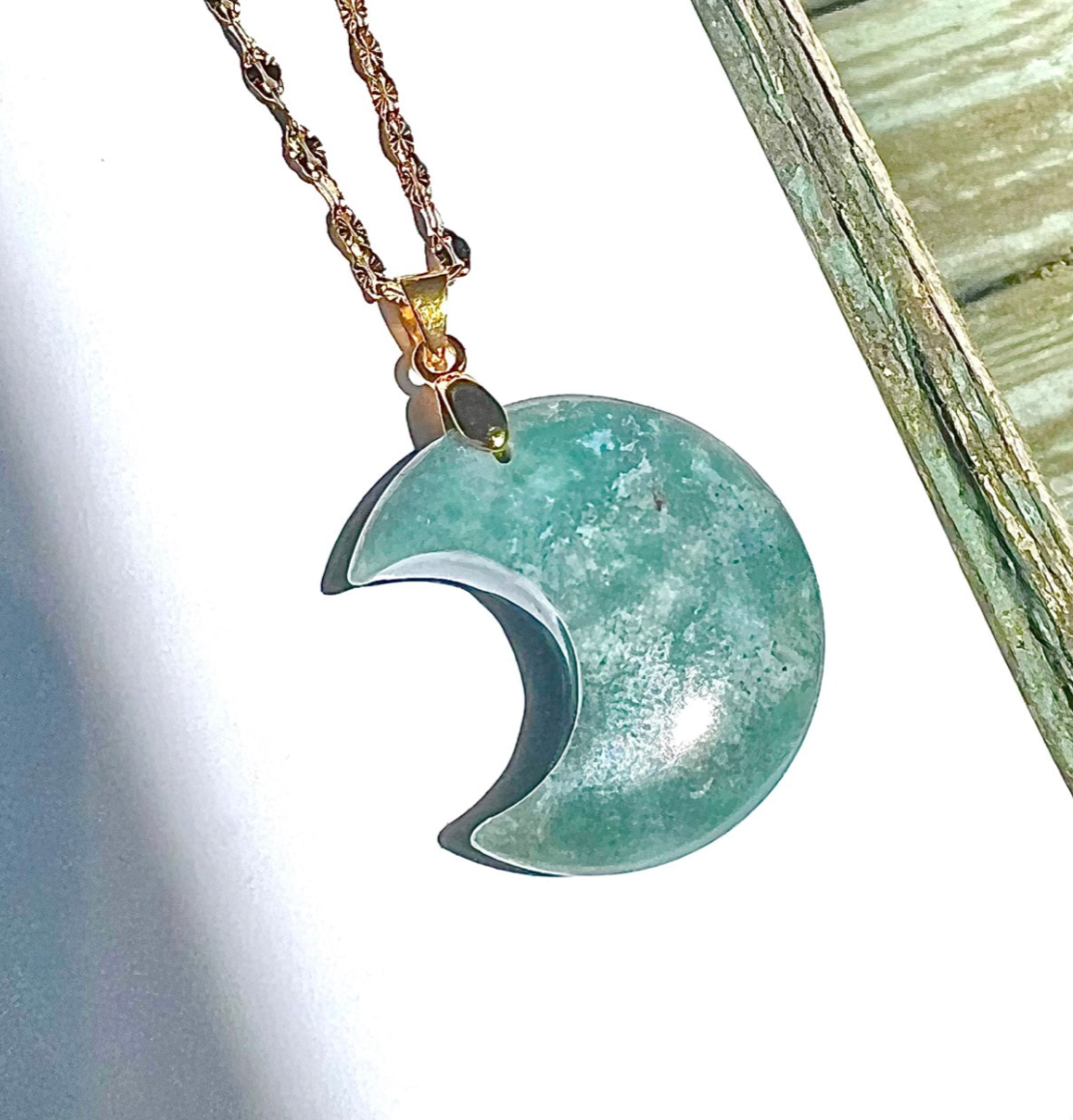 Crescent Moon Gemstone Pendant Necklace - Moss Agate