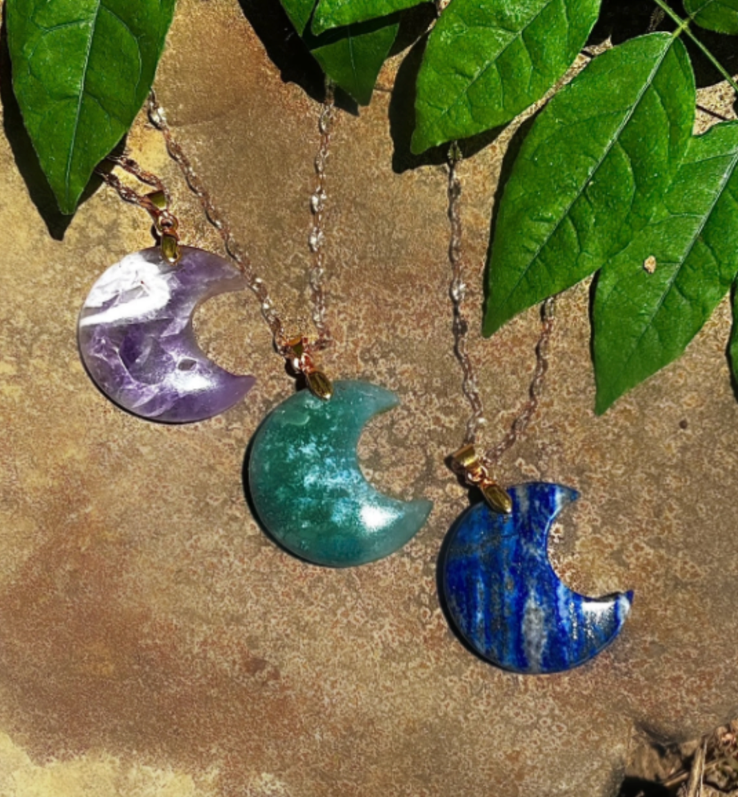 Cresent Moon Gemstone Pendant Necklace -  Dream Amethyst