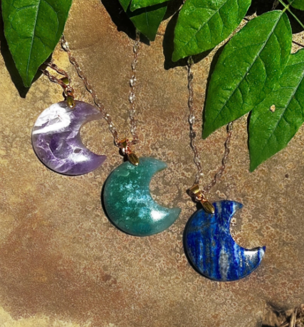 Crescent Moon Gemstone Pendant Necklace - Lapis Lazuli