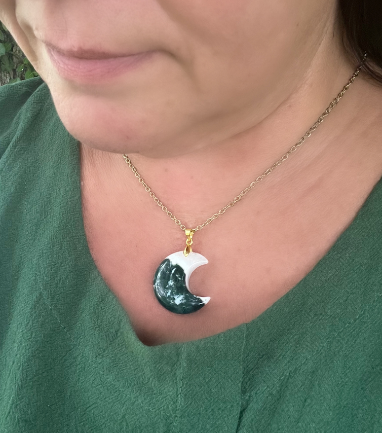 Crescent Moon Gemstone Pendant Necklace - Moss Agate