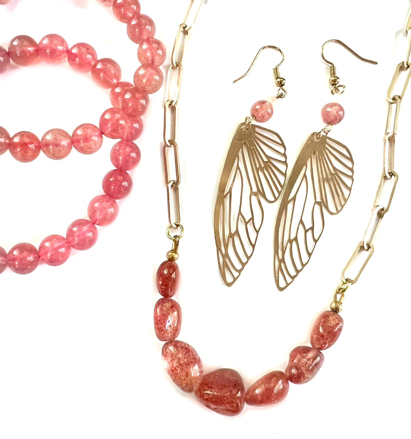 Gold Butterfly Wing Earrings with Strawberry Quartz