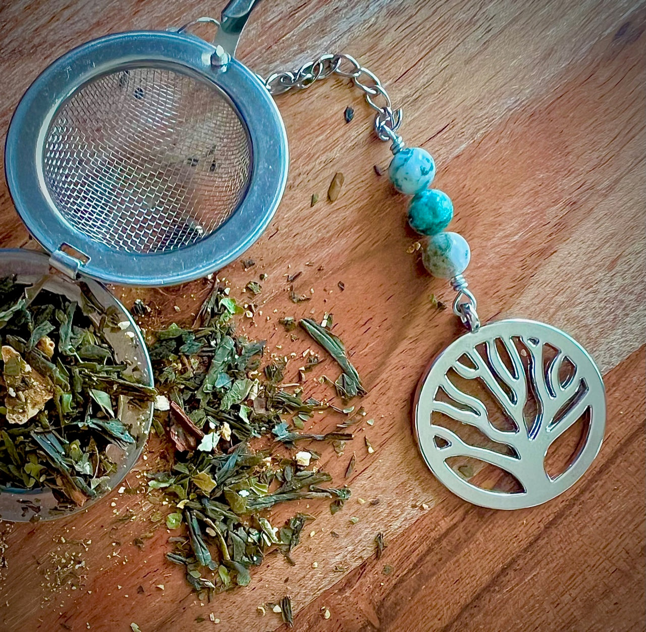 Tree of Life Charmed Tea Infuser with Tree Agate – Silver Tree Charm with Natural Tree Agate Beads by Kinley Jewelry