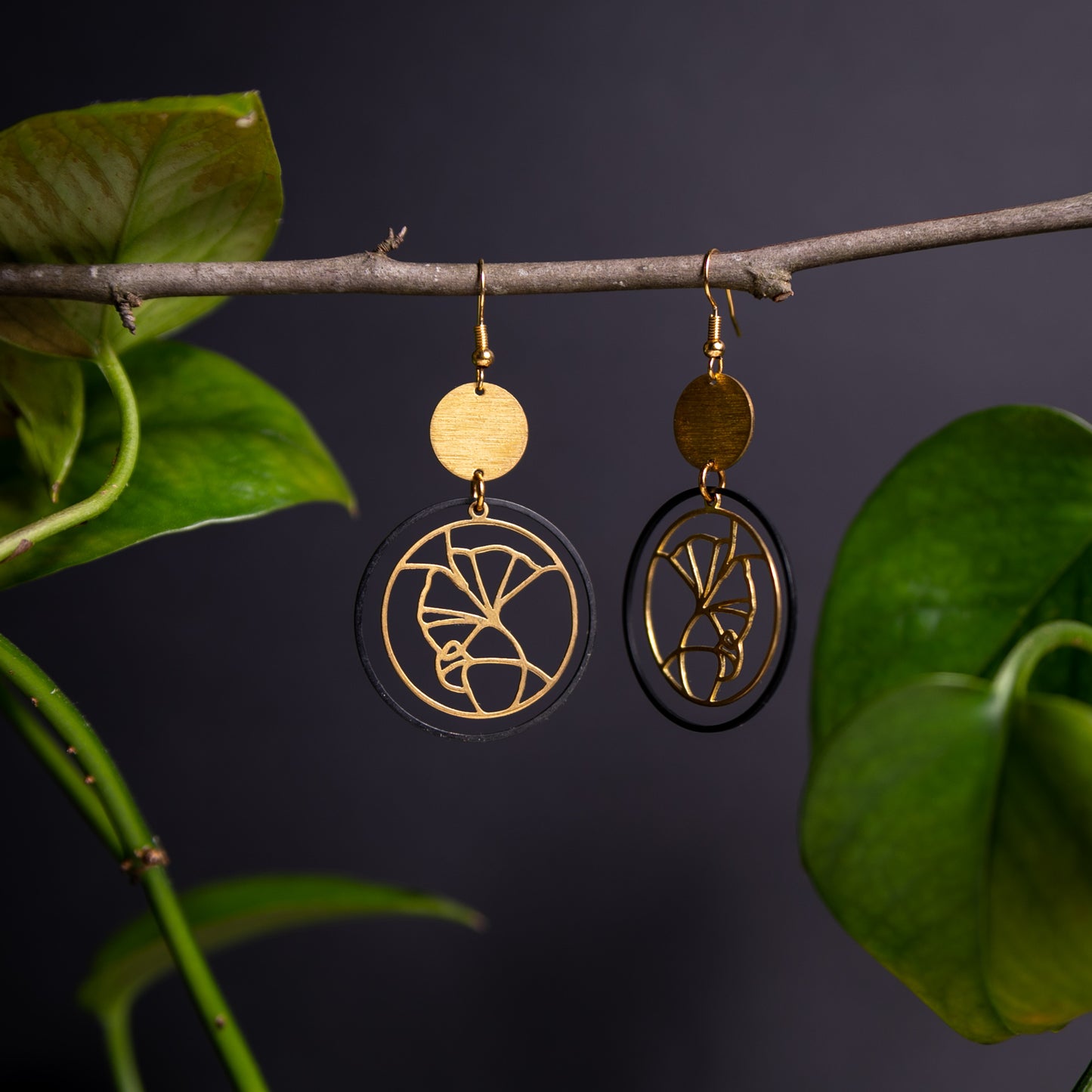 Ornamental Gingko Earrings in Black and Gold