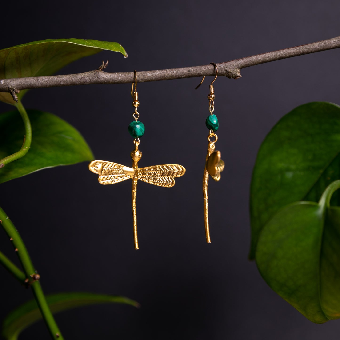 Art Nouveau Inspired Dragonfly Earrings with Malachite