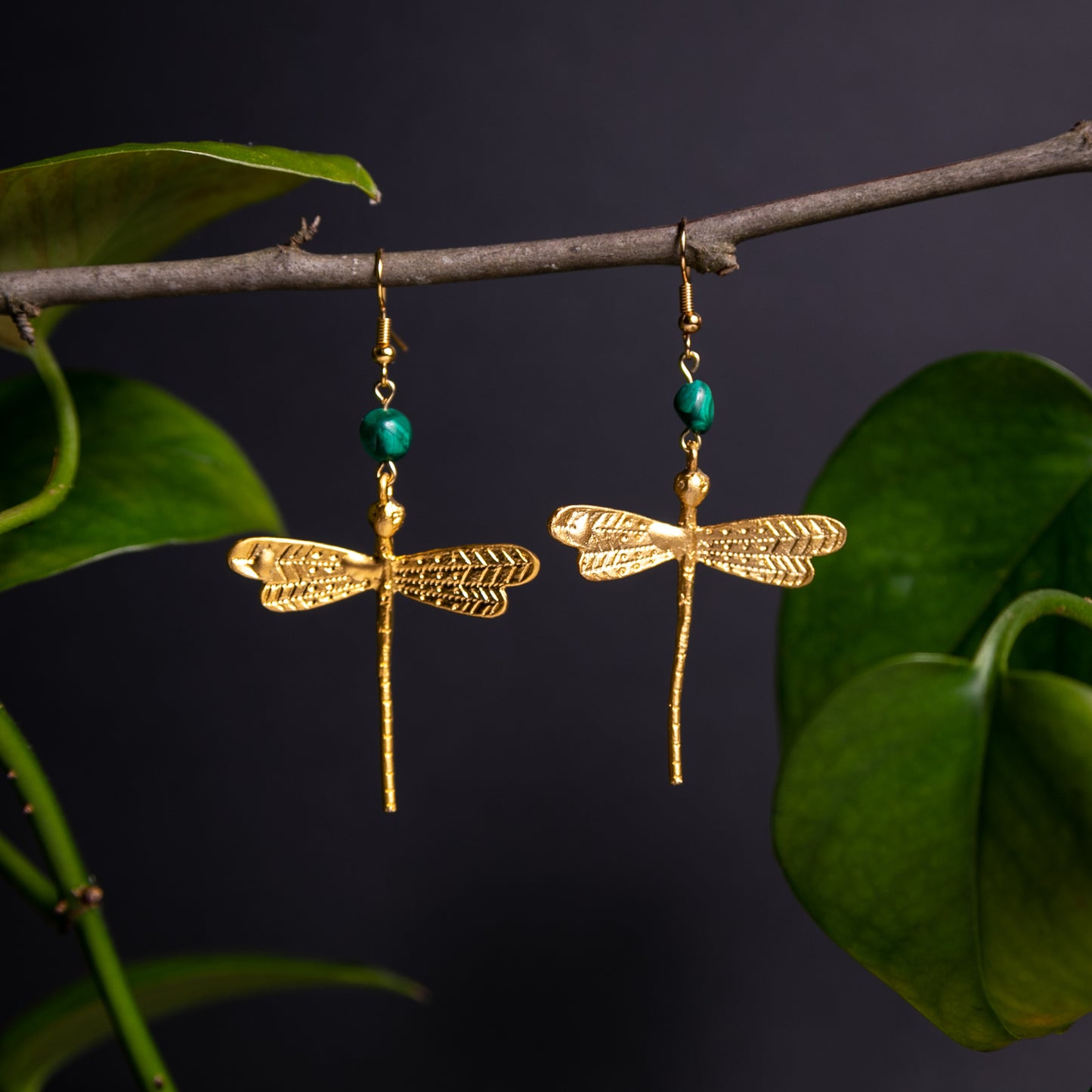 Art Nouveau Inspired Dragonfly Earrings with Malachite