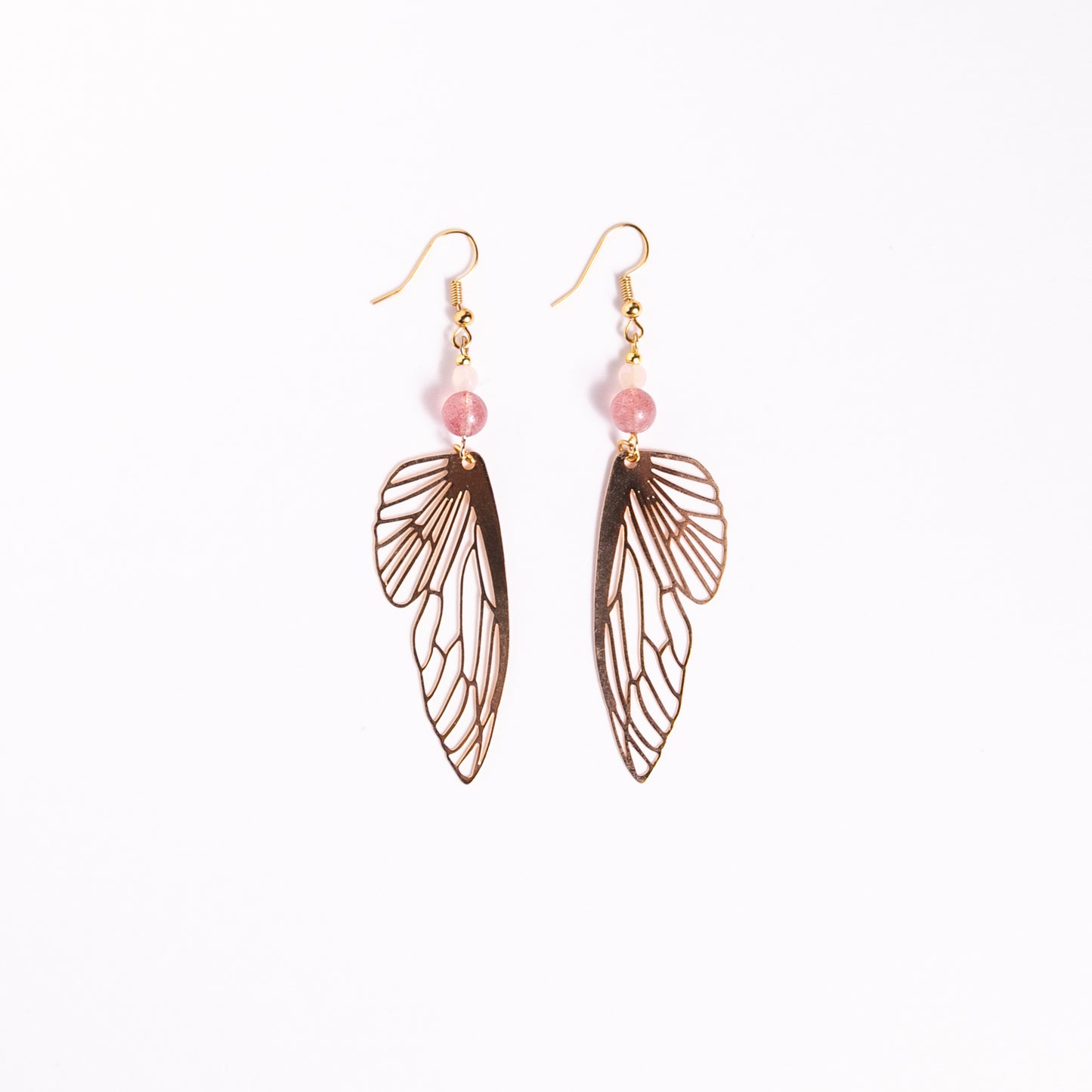 Gold Butterfly Wing Earrings with Strawberry Quartz