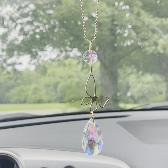 Butterfly Prism Rearview Mirror Car Necklace – Car Decor with Aurora Borealis Crystals by Kinley Jewelry