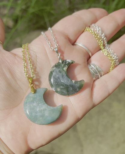 Crescent Moon Gemstone Pendant Necklace - Moss Agate