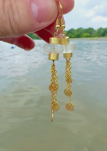 White Sea Glass Tassel Earrings