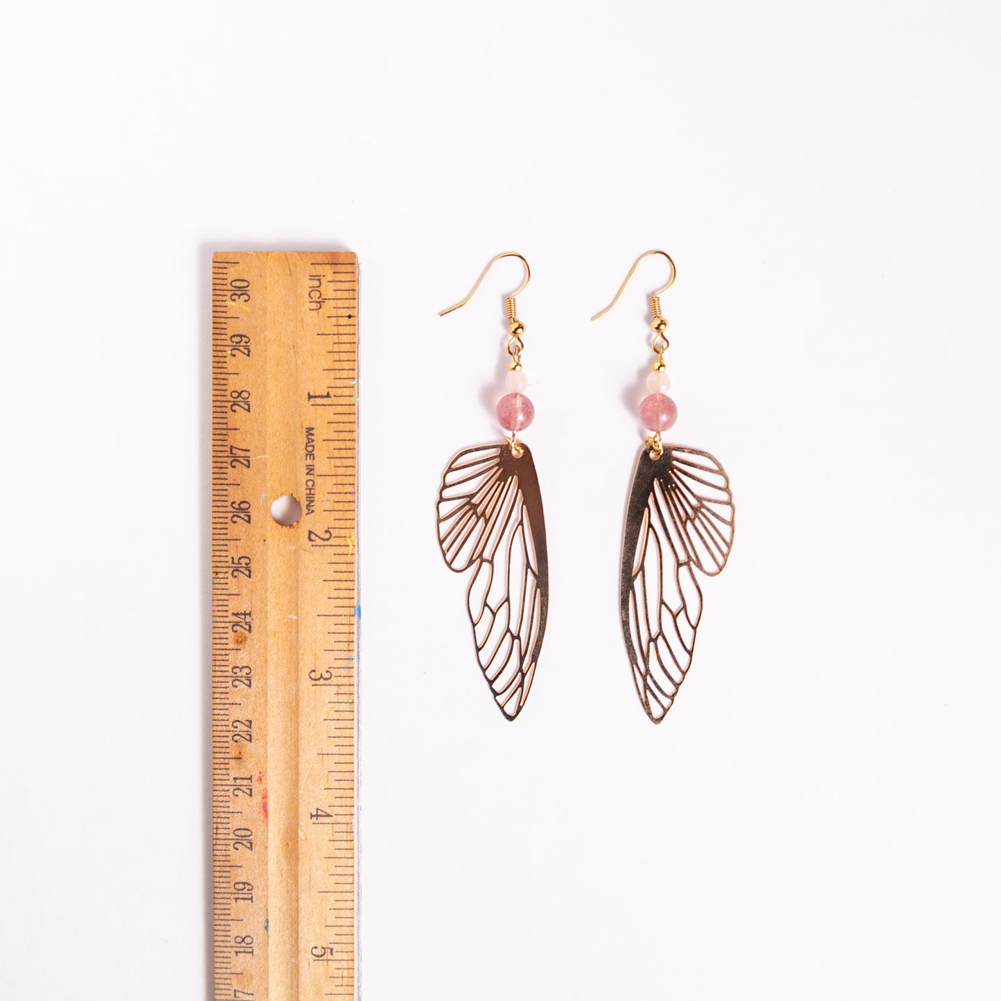 Gold Butterfly Wing Earrings with Strawberry Quartz